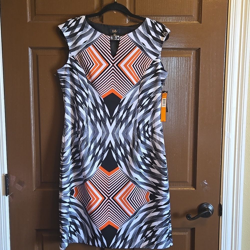 ILE-Orange,blk,white sheath sleeveless dress Sz 10 NWT